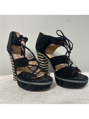 Jimmy Choo Black Suede Platform Heels • Lace-Up Sandals Size 41